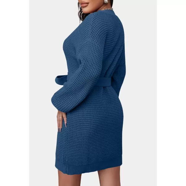 ZESICA Womens 2024 Fall Long Sleeve Solid Color Waffle Knitted Tie Wasit Tunic Pullover Sweater DressDustyblue