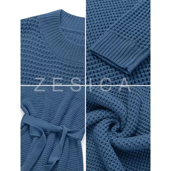 ZESICA Womens 2024 Fall Long Sleeve Solid Color Waffle Knitted Tie Wasit Tunic Pullover Sweater DressDustyblue