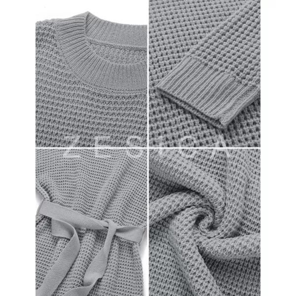 ZESICA Womens 2024 Fall Long Sleeve Solid Color Waffle Knitted Tie Wasit Tunic Pullover Sweater DressGrey