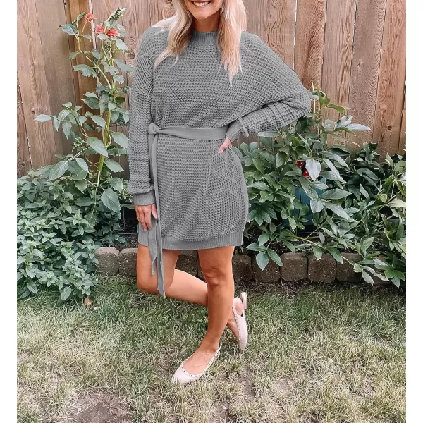 ZESICA Womens 2024 Fall Long Sleeve Solid Color Waffle Knitted Tie Wasit Tunic Pullover Sweater DressGrey