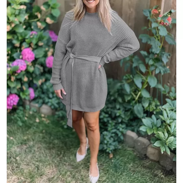 ZESICA Womens 2024 Fall Long Sleeve Solid Color Waffle Knitted Tie Wasit Tunic Pullover Sweater DressGrey