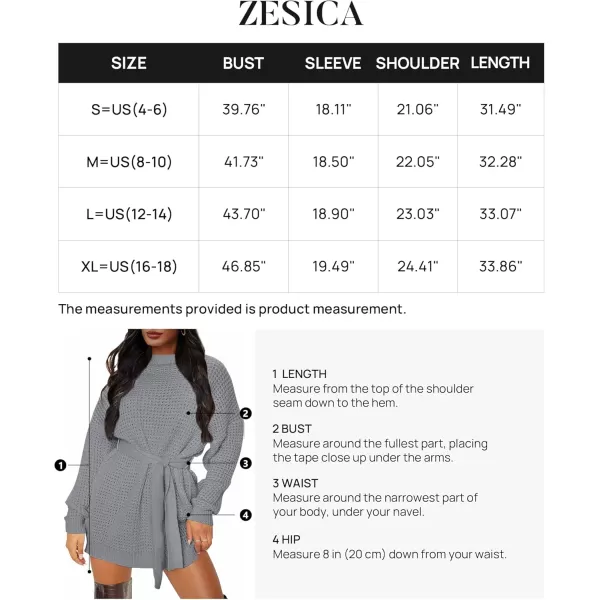 ZESICA Womens 2024 Fall Long Sleeve Solid Color Waffle Knitted Tie Wasit Tunic Pullover Sweater DressGrey