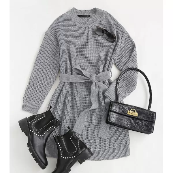 ZESICA Womens 2024 Fall Long Sleeve Solid Color Waffle Knitted Tie Wasit Tunic Pullover Sweater DressGrey