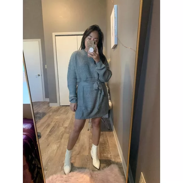 ZESICA Womens 2024 Fall Long Sleeve Solid Color Waffle Knitted Tie Wasit Tunic Pullover Sweater DressGrey