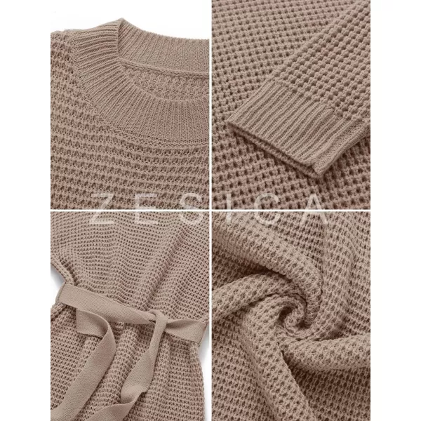 ZESICA Womens 2024 Fall Long Sleeve Solid Color Waffle Knitted Tie Wasit Tunic Pullover Sweater DressKhaki