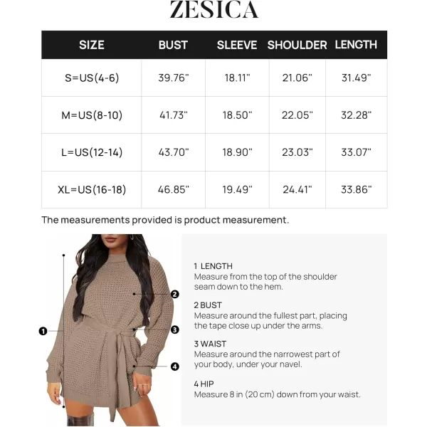 ZESICA Womens 2024 Fall Long Sleeve Solid Color Waffle Knitted Tie Wasit Tunic Pullover Sweater DressKhaki