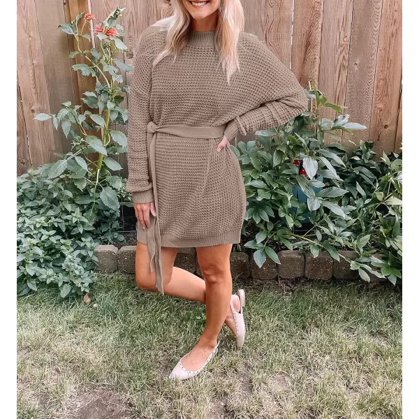 ZESICA Womens 2024 Fall Long Sleeve Solid Color Waffle Knitted Tie Wasit Tunic Pullover Sweater DressKhaki