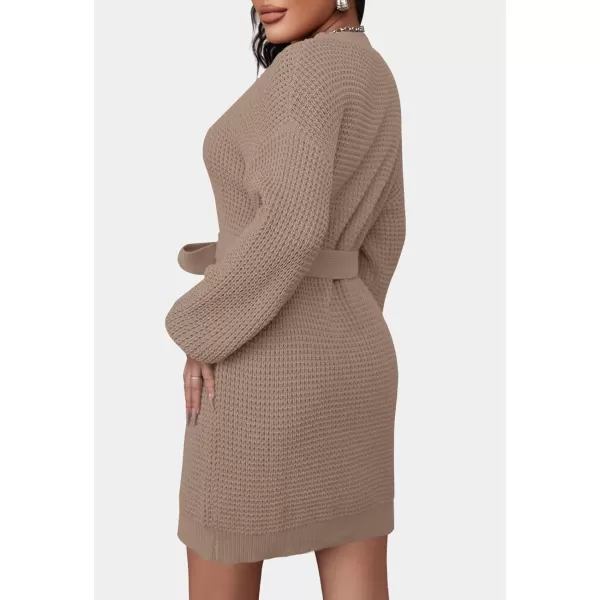 ZESICA Womens 2024 Fall Long Sleeve Solid Color Waffle Knitted Tie Wasit Tunic Pullover Sweater DressKhaki