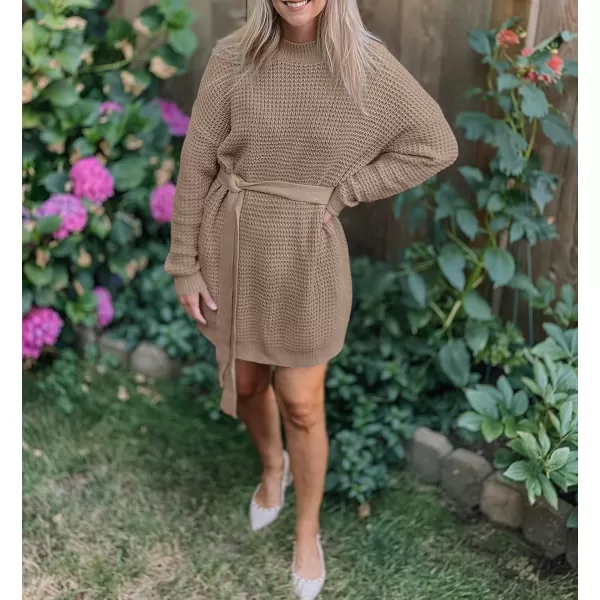 ZESICA Womens 2024 Fall Long Sleeve Solid Color Waffle Knitted Tie Wasit Tunic Pullover Sweater DressKhaki