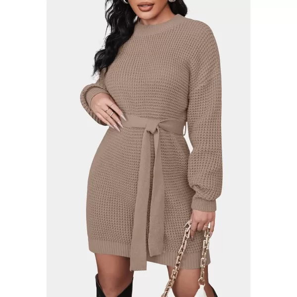 ZESICA Womens 2024 Fall Long Sleeve Solid Color Waffle Knitted Tie Wasit Tunic Pullover Sweater DressKhaki