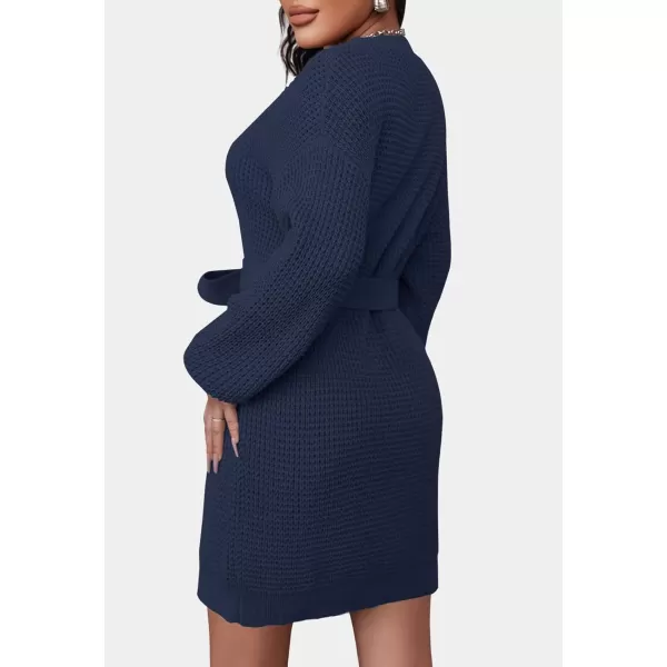 ZESICA Womens 2024 Fall Long Sleeve Solid Color Waffle Knitted Tie Wasit Tunic Pullover Sweater DressNavy