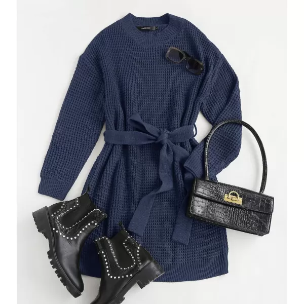 ZESICA Womens 2024 Fall Long Sleeve Solid Color Waffle Knitted Tie Wasit Tunic Pullover Sweater DressNavy