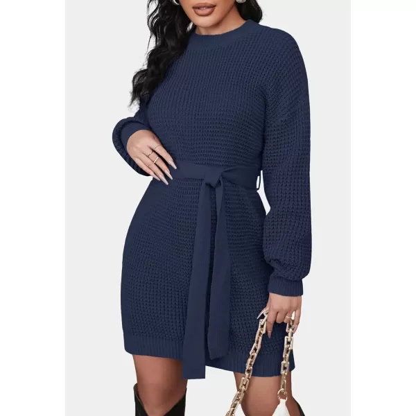 ZESICA Womens 2024 Fall Long Sleeve Solid Color Waffle Knitted Tie Wasit Tunic Pullover Sweater DressNavy