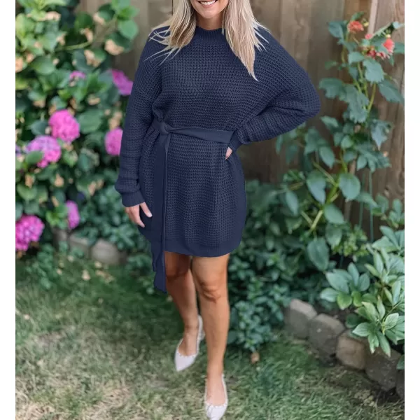ZESICA Womens 2024 Fall Long Sleeve Solid Color Waffle Knitted Tie Wasit Tunic Pullover Sweater DressNavy