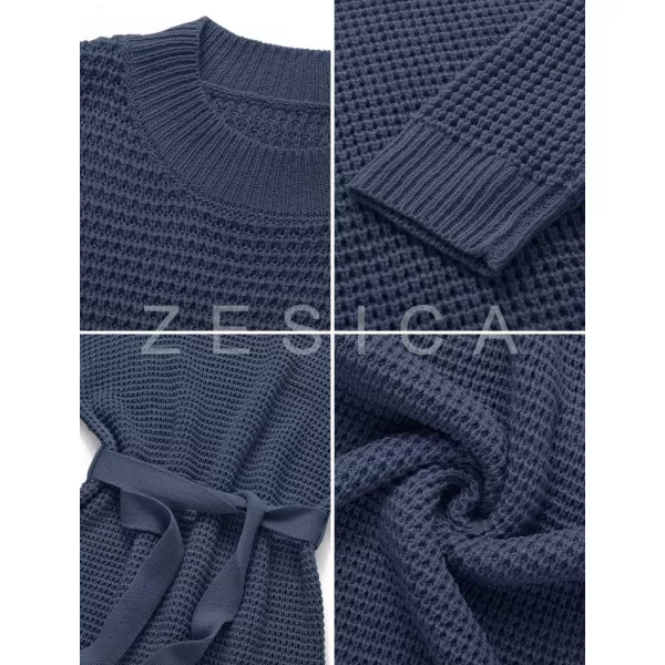 ZESICA Womens 2024 Fall Long Sleeve Solid Color Waffle Knitted Tie Wasit Tunic Pullover Sweater DressNavy