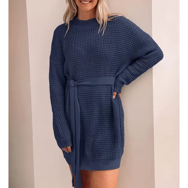 ZESICA Womens 2024 Fall Long Sleeve Solid Color Waffle Knitted Tie Wasit Tunic Pullover Sweater DressNavy