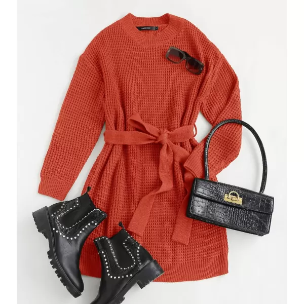 ZESICA Womens 2024 Fall Long Sleeve Solid Color Waffle Knitted Tie Wasit Tunic Pullover Sweater DressOrange