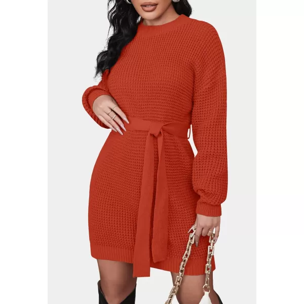 ZESICA Womens 2024 Fall Long Sleeve Solid Color Waffle Knitted Tie Wasit Tunic Pullover Sweater DressOrange