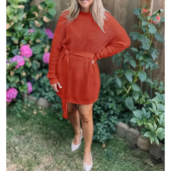 ZESICA Womens 2024 Fall Long Sleeve Solid Color Waffle Knitted Tie Wasit Tunic Pullover Sweater DressOrange