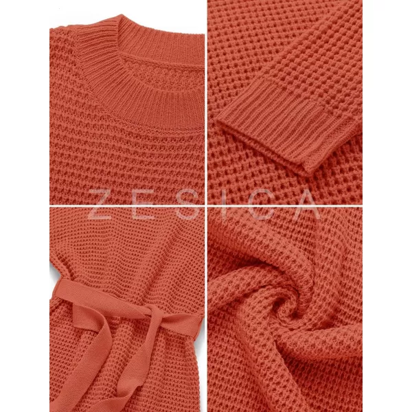 ZESICA Womens 2024 Fall Long Sleeve Solid Color Waffle Knitted Tie Wasit Tunic Pullover Sweater DressOrange