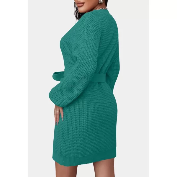 ZESICA Womens 2024 Fall Long Sleeve Solid Color Waffle Knitted Tie Wasit Tunic Pullover Sweater DressPeacock
