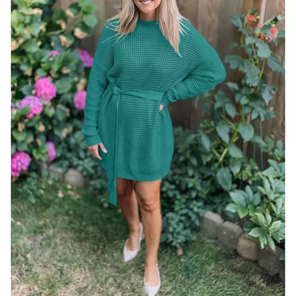 ZESICA Womens 2024 Fall Long Sleeve Solid Color Waffle Knitted Tie Wasit Tunic Pullover Sweater DressPeacock