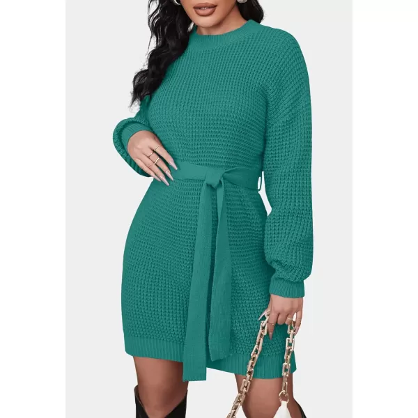 ZESICA Womens 2024 Fall Long Sleeve Solid Color Waffle Knitted Tie Wasit Tunic Pullover Sweater DressPeacock