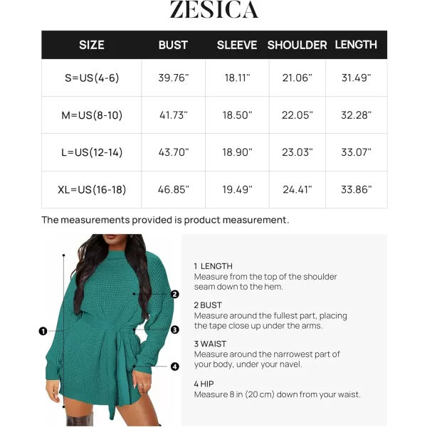 ZESICA Womens 2024 Fall Long Sleeve Solid Color Waffle Knitted Tie Wasit Tunic Pullover Sweater DressPeacock