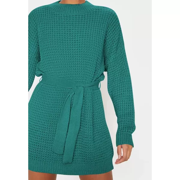 ZESICA Womens 2024 Fall Long Sleeve Solid Color Waffle Knitted Tie Wasit Tunic Pullover Sweater DressPeacock