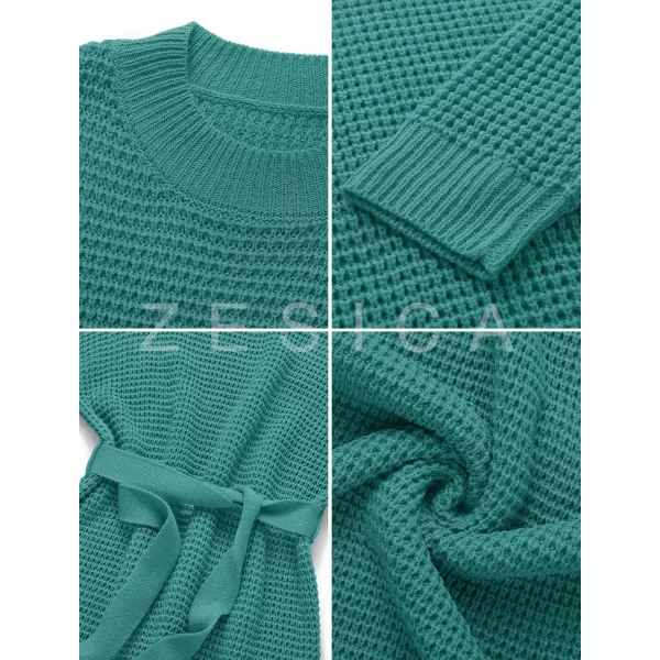 ZESICA Womens 2024 Fall Long Sleeve Solid Color Waffle Knitted Tie Wasit Tunic Pullover Sweater DressPeacock