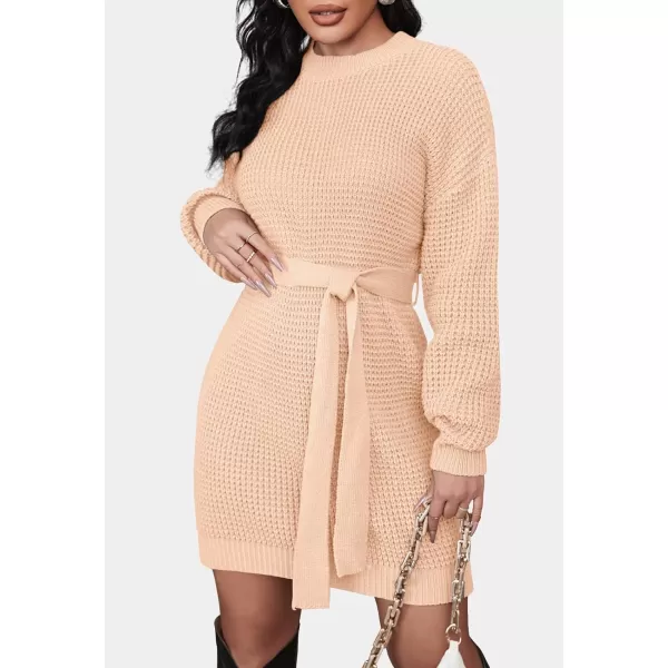 ZESICA Womens 2024 Fall Long Sleeve Solid Color Waffle Knitted Tie Wasit Tunic Pullover Sweater DressPink