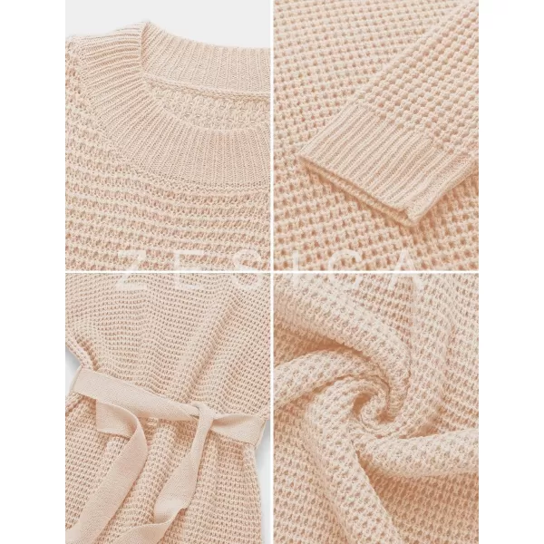 ZESICA Womens 2024 Fall Long Sleeve Solid Color Waffle Knitted Tie Wasit Tunic Pullover Sweater DressPink