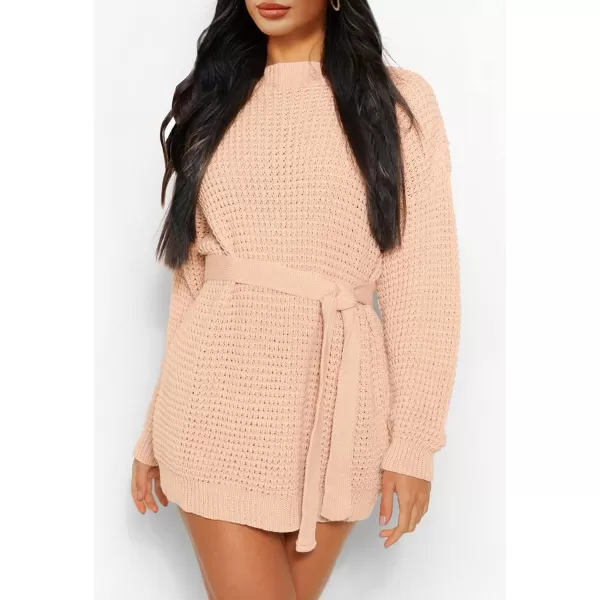 ZESICA Womens 2024 Fall Long Sleeve Solid Color Waffle Knitted Tie Wasit Tunic Pullover Sweater DressPink