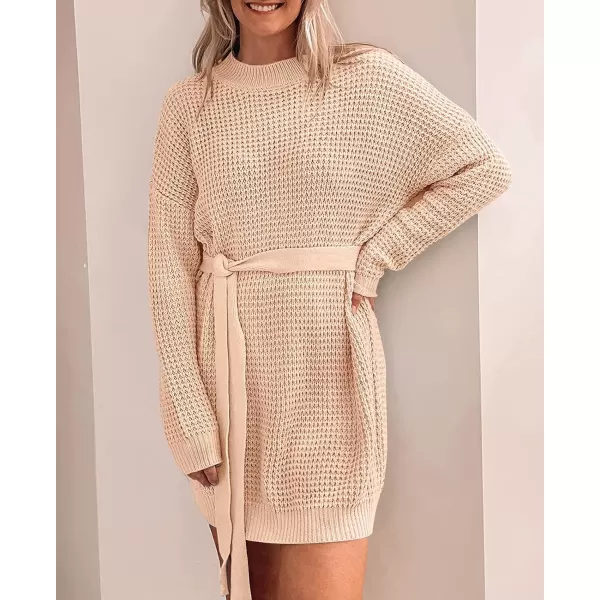 ZESICA Womens 2024 Fall Long Sleeve Solid Color Waffle Knitted Tie Wasit Tunic Pullover Sweater DressPink