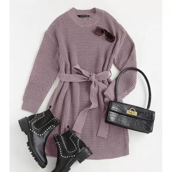 ZESICA Womens 2024 Fall Long Sleeve Solid Color Waffle Knitted Tie Wasit Tunic Pullover Sweater DressPurple