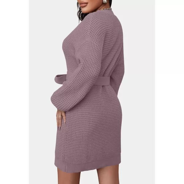 ZESICA Womens 2024 Fall Long Sleeve Solid Color Waffle Knitted Tie Wasit Tunic Pullover Sweater DressPurple