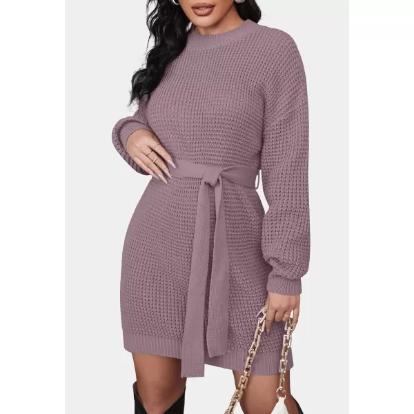 ZESICA Womens 2024 Fall Long Sleeve Solid Color Waffle Knitted Tie Wasit Tunic Pullover Sweater DressPurple