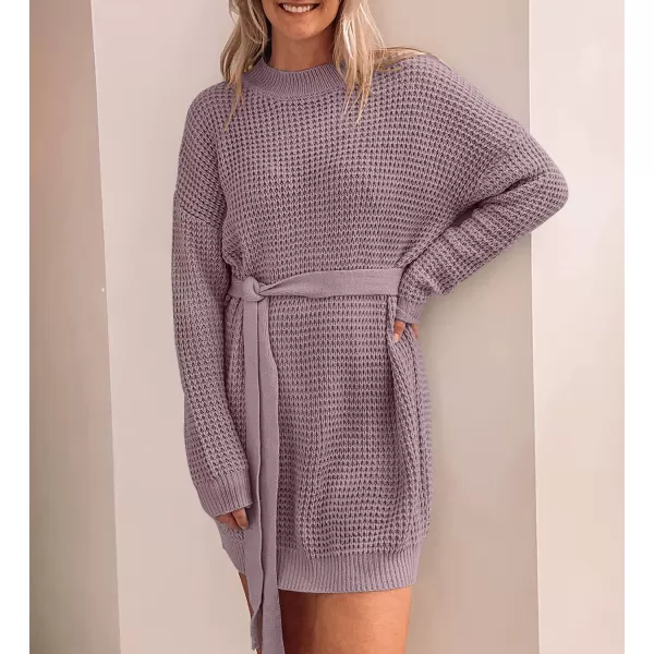 ZESICA Womens 2024 Fall Long Sleeve Solid Color Waffle Knitted Tie Wasit Tunic Pullover Sweater DressPurple