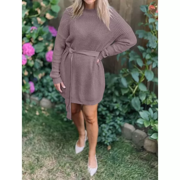 ZESICA Womens 2024 Fall Long Sleeve Solid Color Waffle Knitted Tie Wasit Tunic Pullover Sweater DressPurple