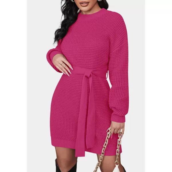 ZESICA Womens 2024 Fall Long Sleeve Solid Color Waffle Knitted Tie Wasit Tunic Pullover Sweater DressRose