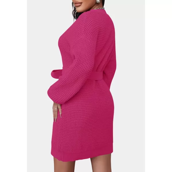 ZESICA Womens 2024 Fall Long Sleeve Solid Color Waffle Knitted Tie Wasit Tunic Pullover Sweater DressRose