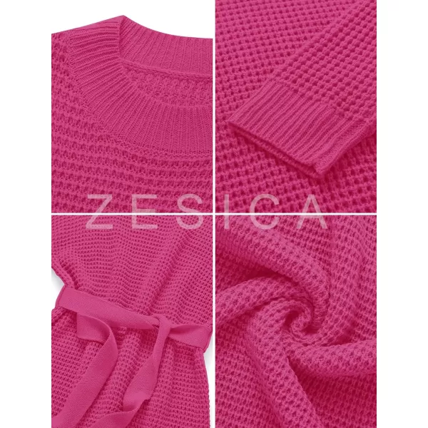 ZESICA Womens 2024 Fall Long Sleeve Solid Color Waffle Knitted Tie Wasit Tunic Pullover Sweater DressRose