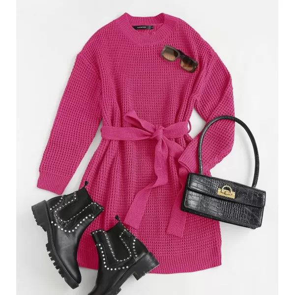 ZESICA Womens 2024 Fall Long Sleeve Solid Color Waffle Knitted Tie Wasit Tunic Pullover Sweater DressRose