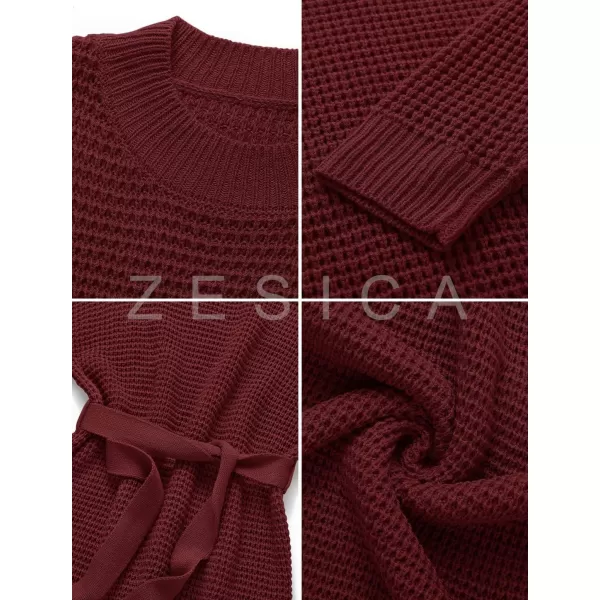 ZESICA Womens 2024 Fall Long Sleeve Solid Color Waffle Knitted Tie Wasit Tunic Pullover Sweater DressWine