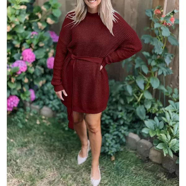 ZESICA Womens 2024 Fall Long Sleeve Solid Color Waffle Knitted Tie Wasit Tunic Pullover Sweater DressWine