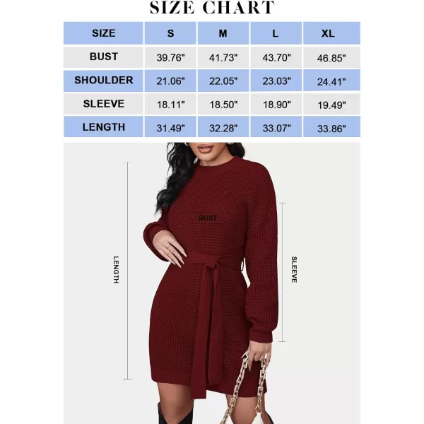 ZESICA Womens 2024 Fall Long Sleeve Solid Color Waffle Knitted Tie Wasit Tunic Pullover Sweater DressWine