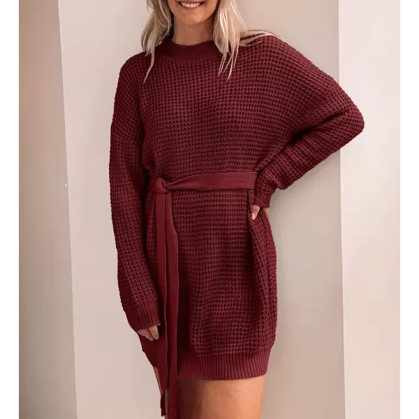 ZESICA Womens 2024 Fall Long Sleeve Solid Color Waffle Knitted Tie Wasit Tunic Pullover Sweater DressWine