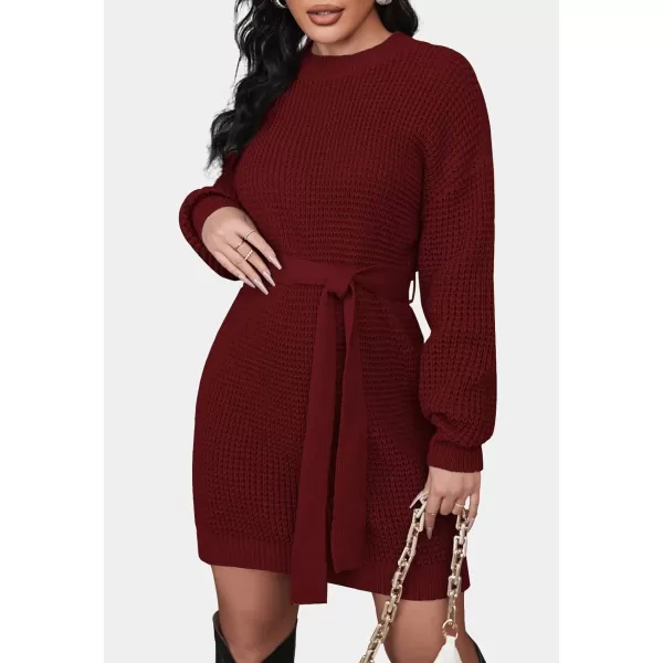 ZESICA Womens 2024 Fall Long Sleeve Solid Color Waffle Knitted Tie Wasit Tunic Pullover Sweater DressWine