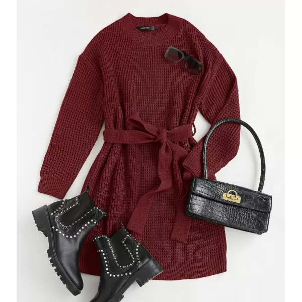 ZESICA Womens 2024 Fall Long Sleeve Solid Color Waffle Knitted Tie Wasit Tunic Pullover Sweater DressWine