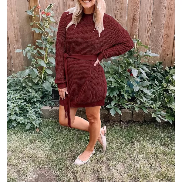 ZESICA Womens 2024 Fall Long Sleeve Solid Color Waffle Knitted Tie Wasit Tunic Pullover Sweater DressWine